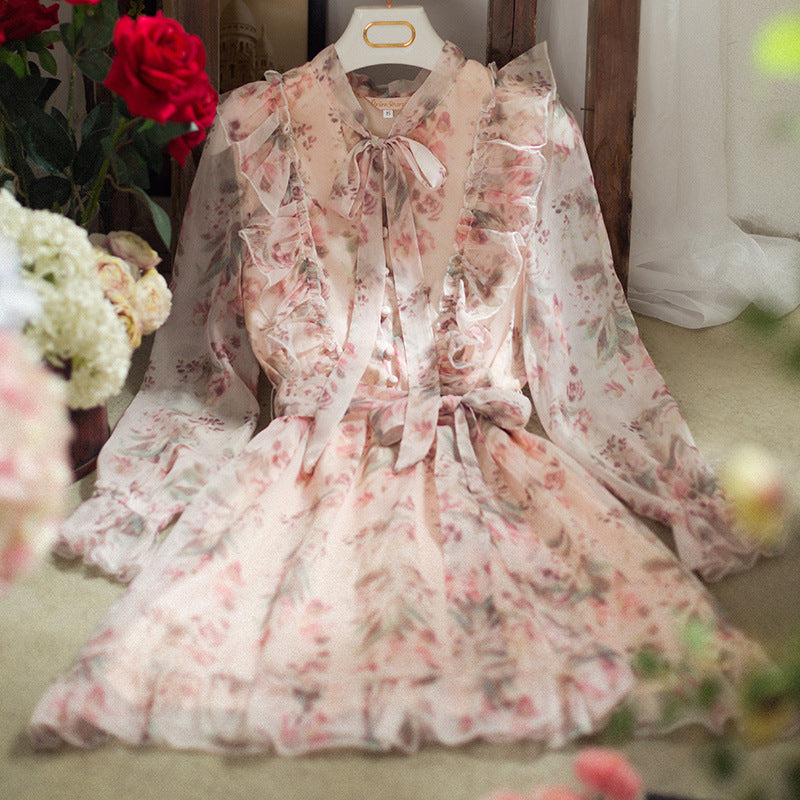Sweet Floral Bow Neck Ruffled Chiffon Summer Dress