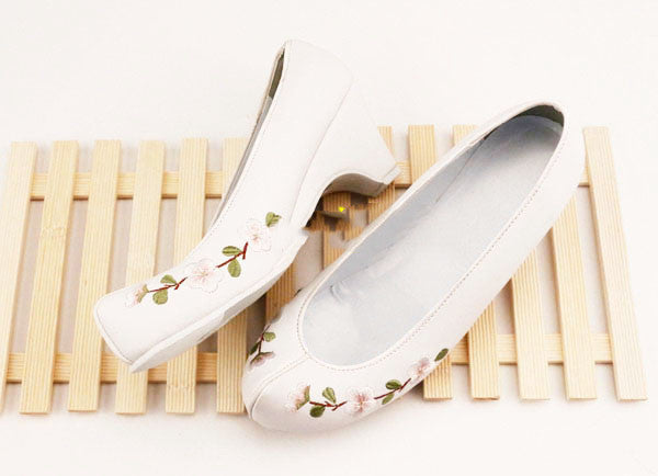 Korean Hanbok Heels with White Plum Blossom Embroidery