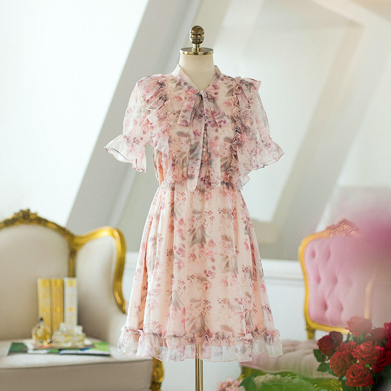 Sweet Floral Bow Neck Ruffled Chiffon Summer Dress