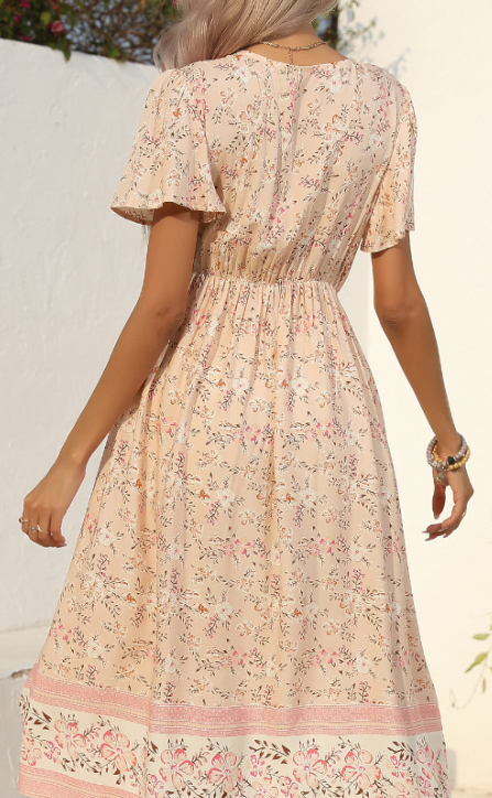 Boho Women's V Neck Floral Print Short Sleeve Summer Dress