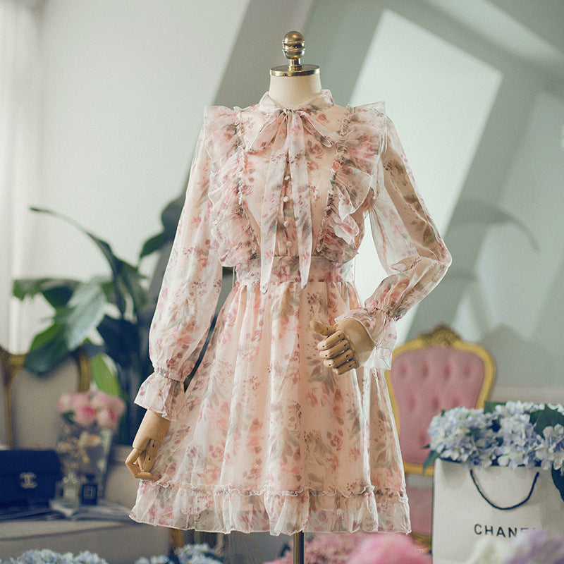 Sweet Floral Bow Neck Ruffled Chiffon Summer Dress