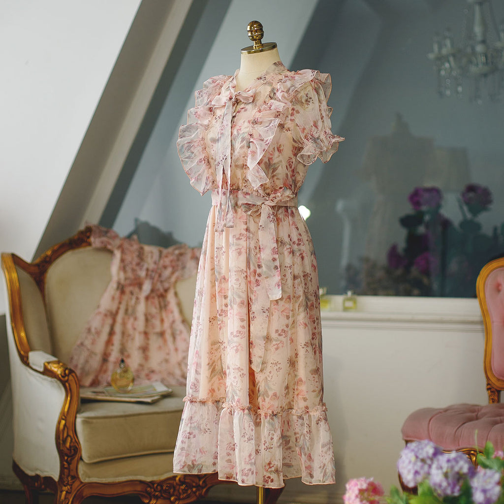 Sweet Floral Bow Neck Ruffled Chiffon Summer Dress