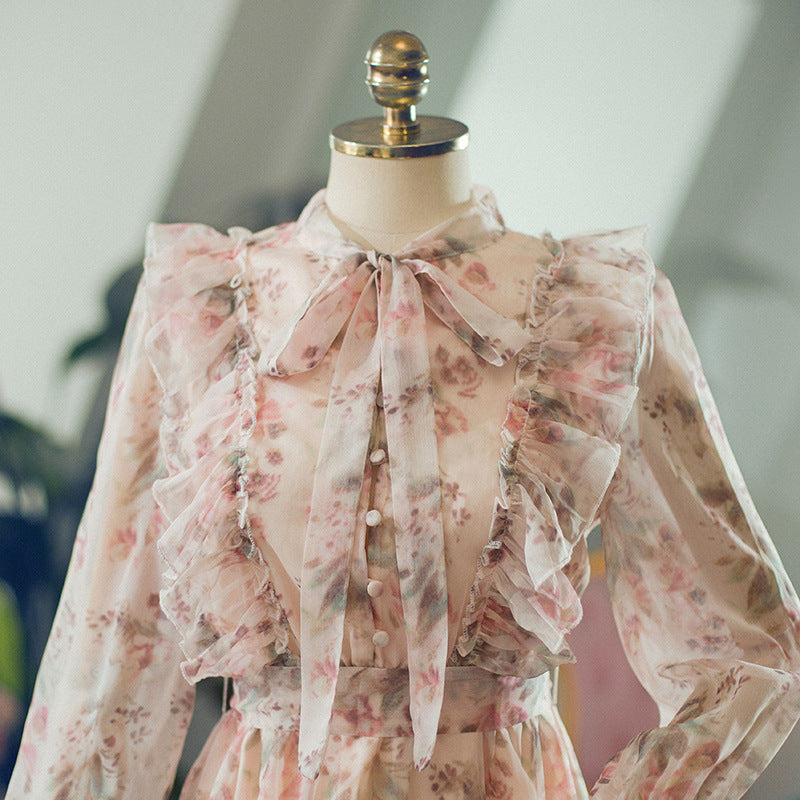 Sweet Floral Bow Neck Ruffled Chiffon Summer Dress