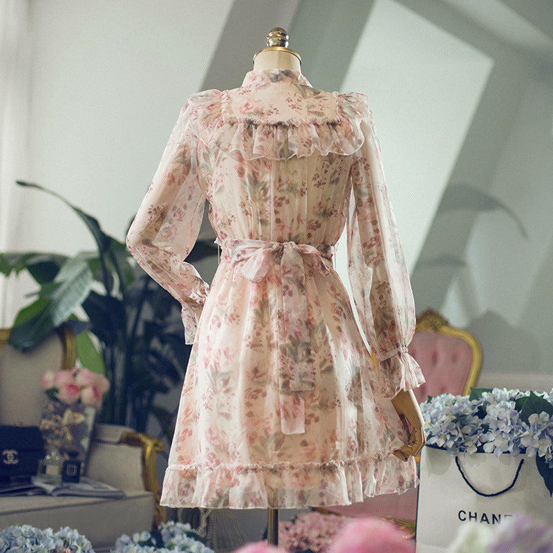 Sweet Floral Bow Neck Ruffled Chiffon Summer Dress